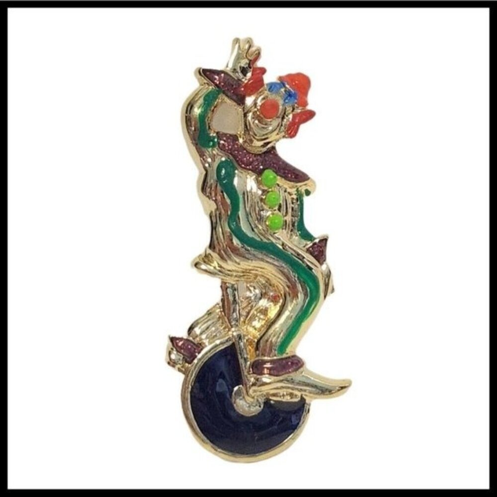 Vintage Gold Tone Clown Multicolor‎ Bike Brooch Pin Enamel